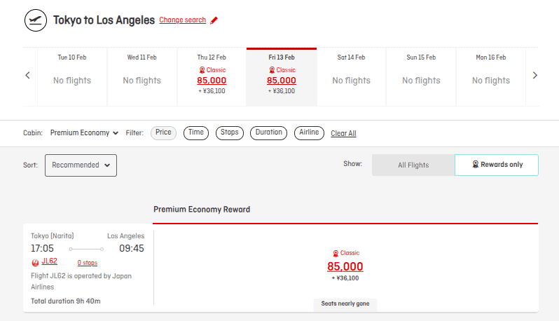 Japan Airlines premium economy award availability from Tokyo Narita to Los Angeles showing points cost and taxes