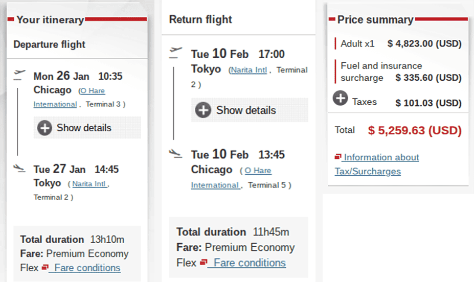 Japan Airlines premium economy round-trip itinerary from Chicago to Tokyo showing total cash price of about $5,260 including taxes and surcharges