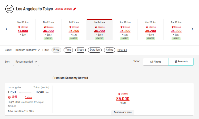 Japan Airlines premium economy award availability from Los Angeles to Tokyo Narita showing points pricing and taxes