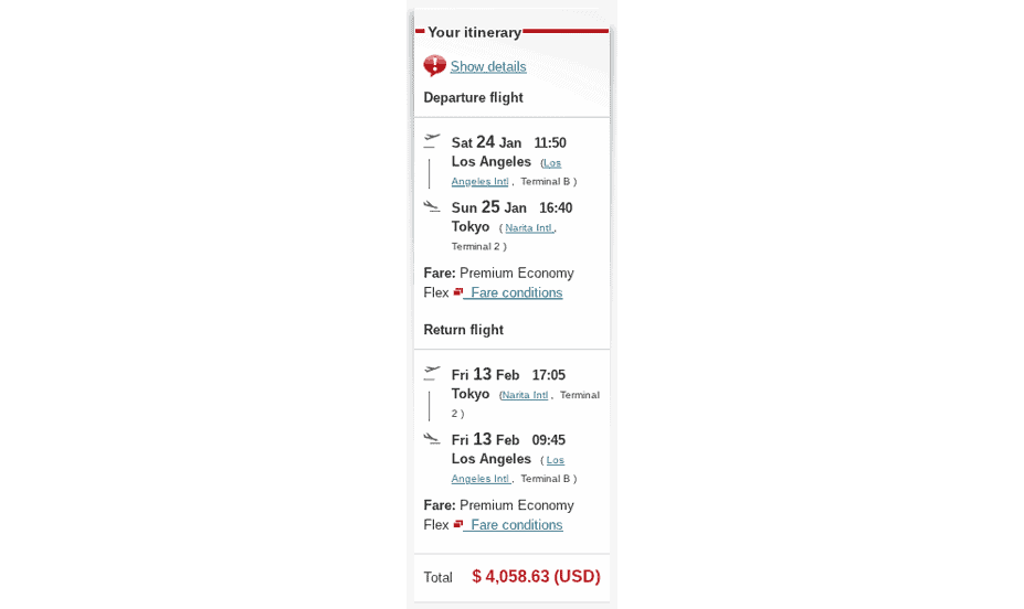 Japan Airlines premium economy round-trip cash fare from Los Angeles to Tokyo showing total price of about $4,059