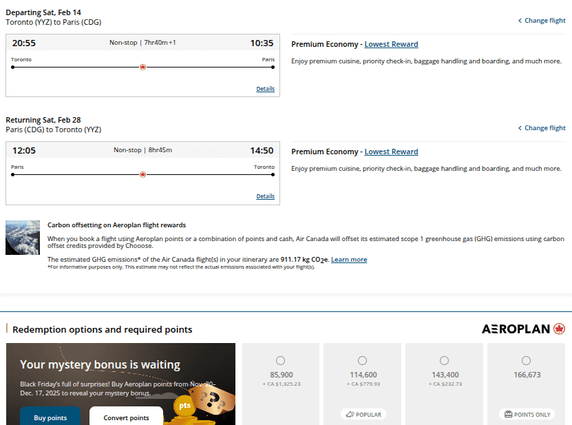 Air Canada Aeroplan search results showing premium economy award flights between Toronto and Paris with points pricing options