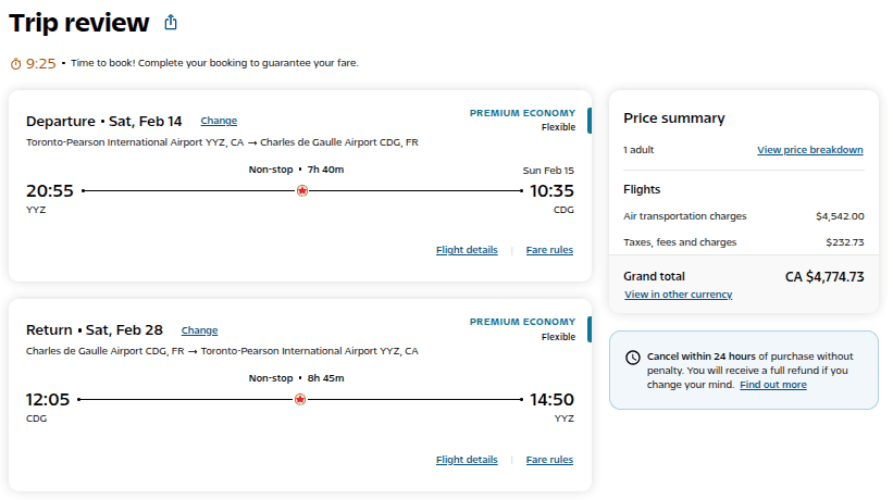 Air Canada premium economy flight pricing showing Toronto to Paris round trip with cash fare breakdown and total price displayed