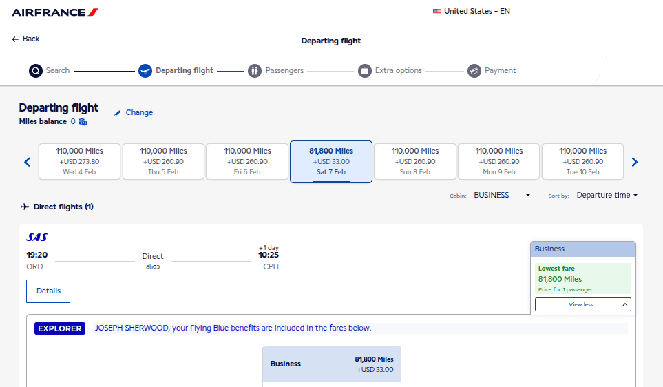Air France Flying Blue search results showing a business-class award flight from Chicago O’Hare to Copenhagen priced at 81,800 miles plus taxes