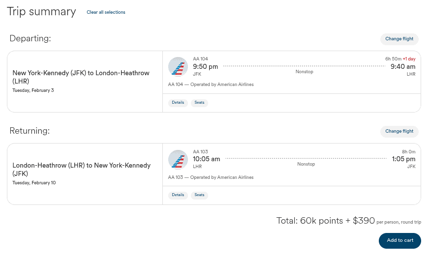American Airlines award trip summary showing nonstop roundtrip flights from New York JFK to London Heathrow with points and cash pricing