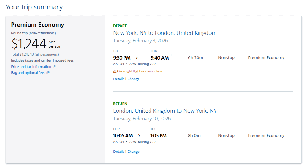 American Airlines Premium Economy trip summary showing nonstop roundtrip flights from New York JFK to London Heathrow with cash pricing and flight details