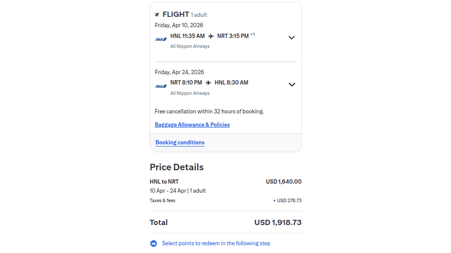 ANA round-trip cash fare between Honolulu (HNL) and Tokyo Narita (NRT) in April 2026 showing a total price of $1,918.73 including taxes and fees