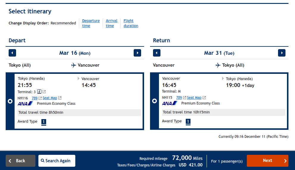 ANA premium economy award flight from Vancouver to Tokyo Haneda showing 70,000 miles and $421 in taxes and fees