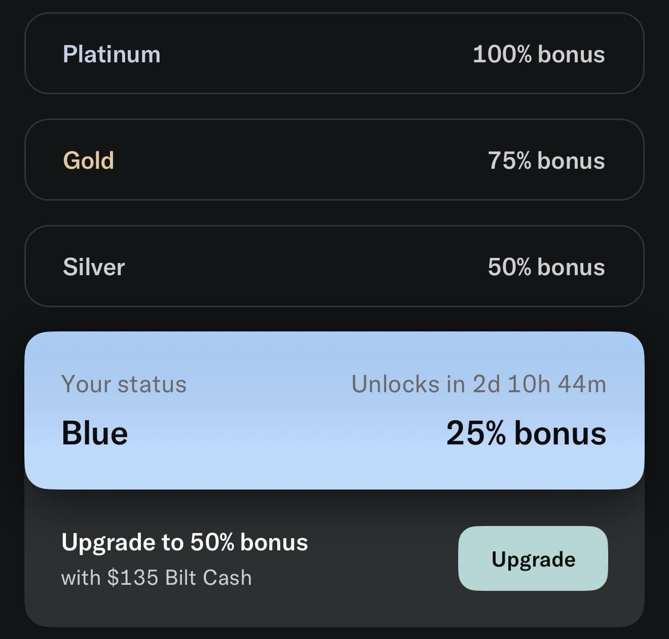 Bilt Rewards Rent Day bonus tiers showing Blue, Silver, Gold, and Platinum status levels with percentage bonus points and upgrade option