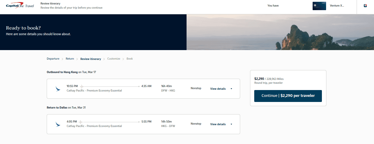 Capital One Travel booking page showing a round-trip Cathay Pacific premium-economy itinerary between Dallas–Fort Worth (DFW) and Hong Kong (HKG) priced at about $2,290 per traveler when booked with cash.