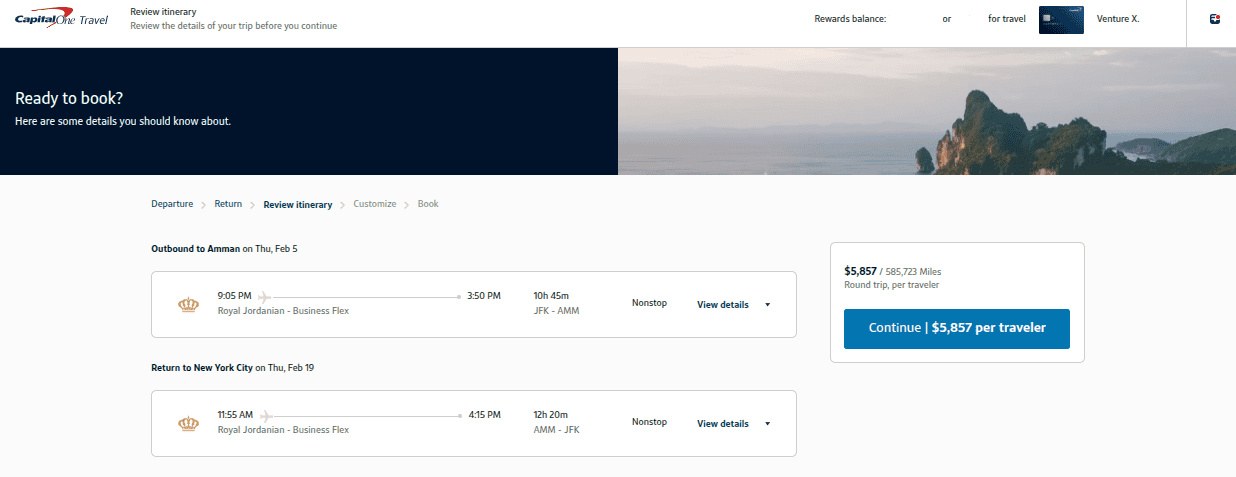 Capital One Travel booking screen showing a round-trip Royal Jordanian business-class flight between New York JFK and Amman AMM priced in Capital One miles