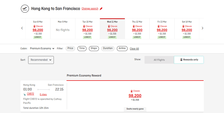 Cathay Pacific premium-economy award flight from Hong Kong (HKG) to San Francisco (SFO) priced at 98,200 Qantas Points plus about $1,316 in taxes and fees.