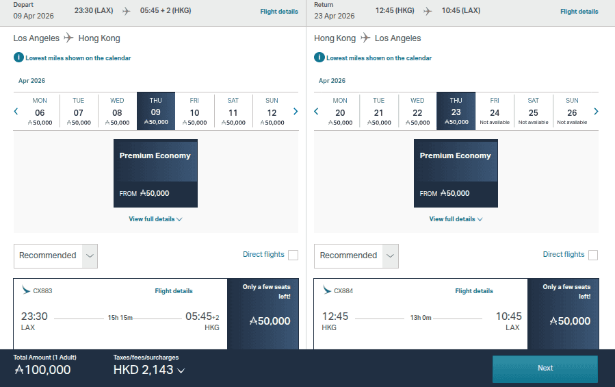Round-trip Cathay Pacific premium-economy award itinerary between Los Angeles (LAX) and Hong Kong (HKG) for 100,000 Asia Miles plus about $275 in taxes and fees.