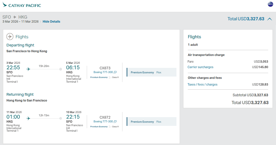 Cathay Pacific premium-economy round-trip itinerary from San Francisco (SFO) to Hong Kong (HKG) showing a total cash price of about $3,328 when booked directly with the airline.