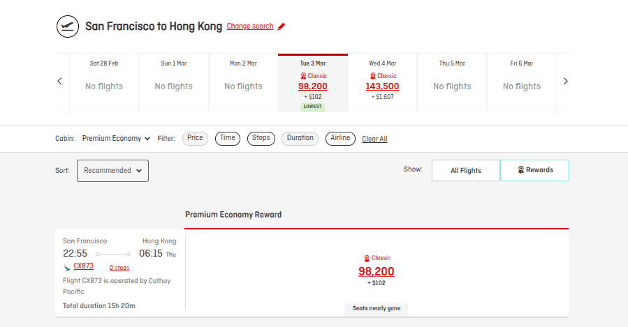 Round-trip Cathay Pacific premium-economy award itinerary between San Francisco (SFO) and Hong Kong (HKG) priced at 196,400 Qantas Points plus about $943 in taxes and fees.
