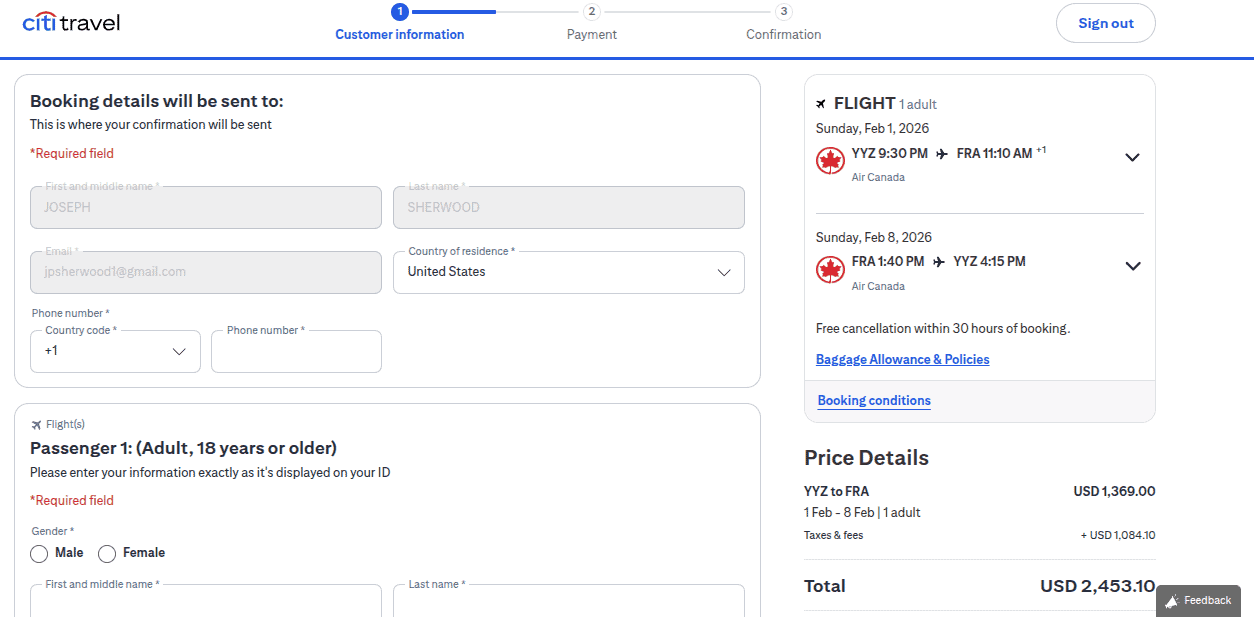 Citi Travel portal checkout page showing Air Canada flight booking details, passenger information form, and total price breakdown