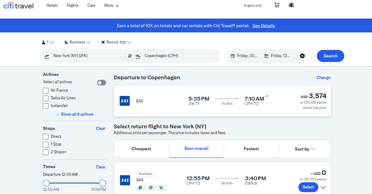 Citi Travel search results showing a round-trip SAS business-class flight between New York (JFK) and Copenhagen (CPH) priced at $3,574 or 357,353 points including taxes and fees