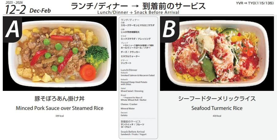 Japan Airlines economy-class meal options for a long-haul flight, showing minced pork sauce over steamed rice and seafood turmeric rice served before arrival.