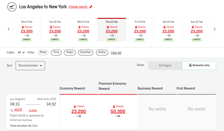 American Airlines award flight search results from Los Angeles to New York showing economy and premium economy miles pricing calendar
