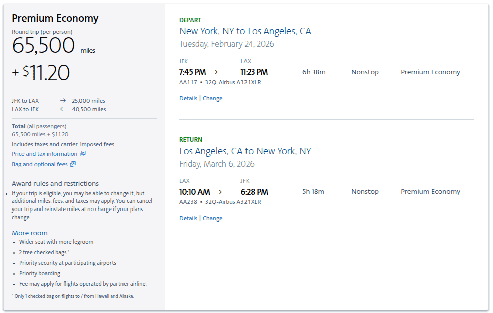 American Airlines premium economy award flight from New York JFK to Los Angeles LAX with miles pricing and schedule details