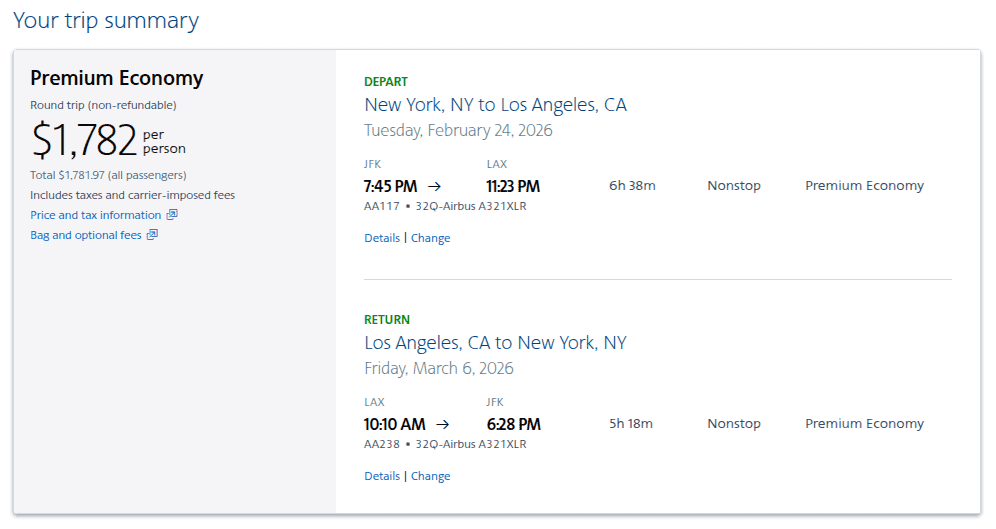 American Airlines premium economy roundtrip flight summary from New York JFK to Los Angeles LAX showing cash price, schedule, and aircraft details