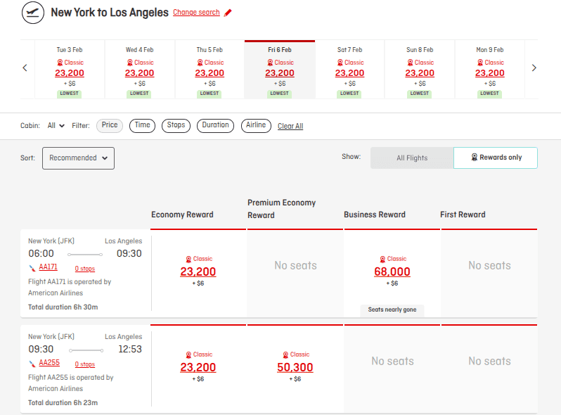 American Airlines award flight search results from New York to Los Angeles showing economy and business class miles pricing calendar