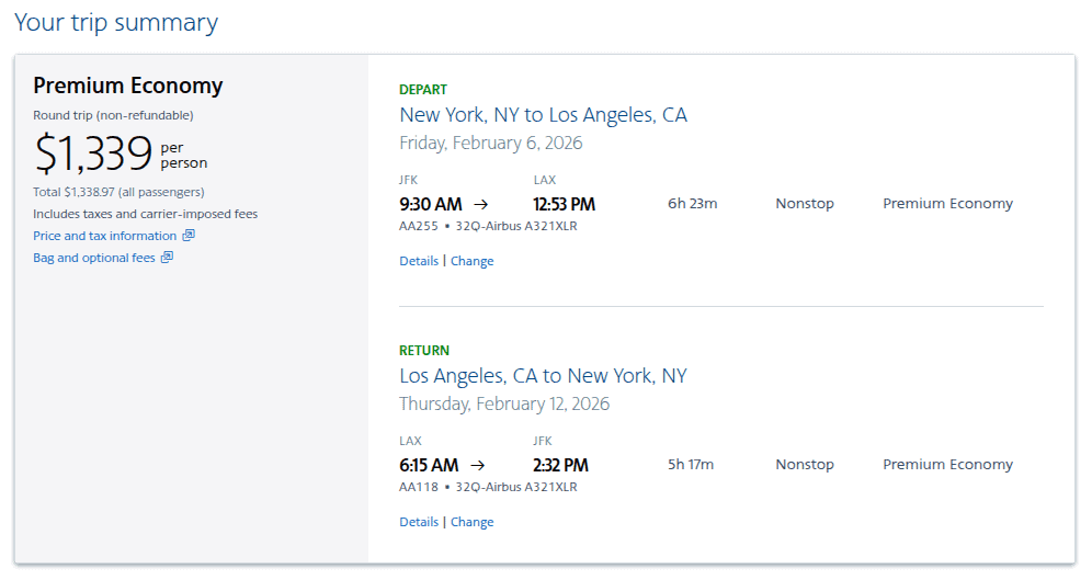 American Airlines premium economy trip summary showing nonstop flights from New York to Los Angeles with return itinerary and pricing