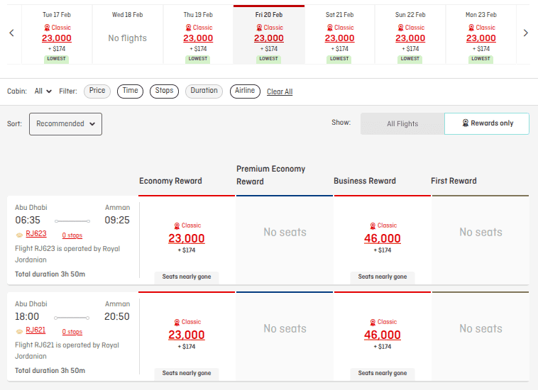 Qantas Frequent Flyer award search showing Royal Jordanian business-class flights from Abu Dhabi AUH to Amman AMM priced at 46,000 Qantas Points each way with approximately $174 in taxes and fees