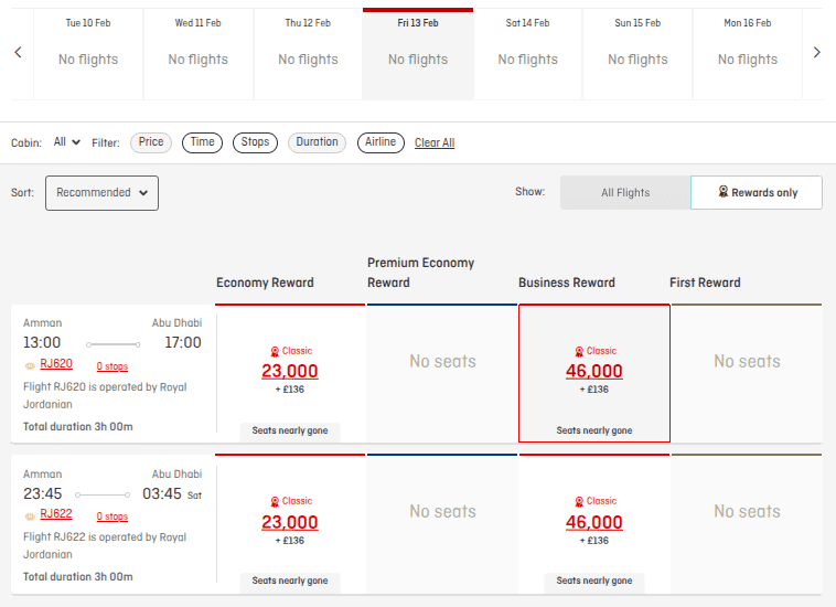 Qantas Points award search showing Royal Jordanian business-class flights between Amman AMM and Abu Dhabi AUH priced at 46,000 points each way plus taxes