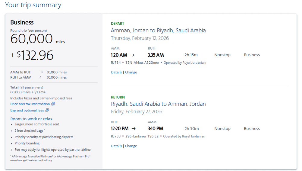American Airlines AAdvantage booking summary showing a round-trip Royal Jordanian business-class award between Amman AMM and Riyadh RUH for 60,000 miles plus about $133 in taxes and fees