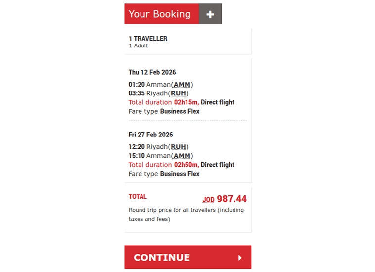 Royal Jordanian website booking screen showing a round-trip business-class cash fare between Amman AMM and Riyadh RUH priced at 987 Jordanian dinar including taxes and fees