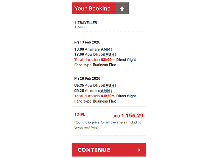 Royal Jordanian website cash booking showing round-trip business-class flights between Amman AMM and Abu Dhabi AUH priced at 1,156 Jordanian dinars including taxes and fees