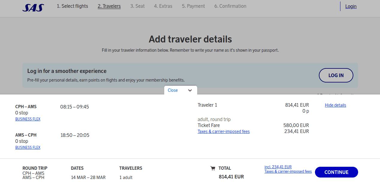 SAS website cash booking showing a round-trip business-class itinerary between Copenhagen and Amsterdam priced at 814.41 EUR including taxes and carrier-imposed fees