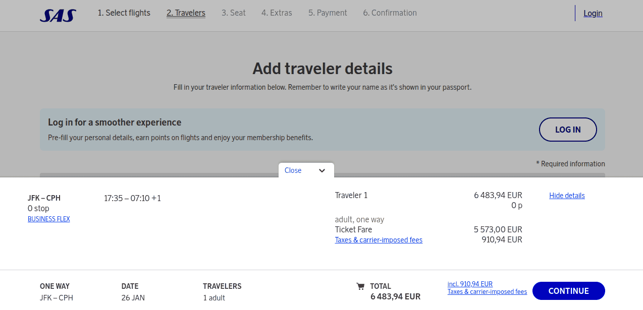 SAS booking page showing a one-way business-class cash fare from New York JFK to Copenhagen for €6,483.94 including taxes and carrier-imposed fees