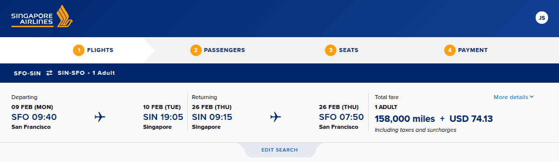Singapore Airlines award booking showing San Francisco to Singapore roundtrip for 158,000 miles plus taxes