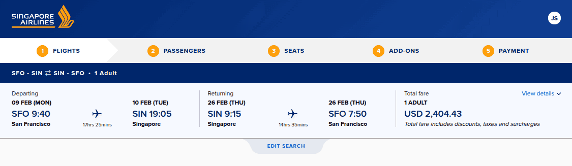 Singapore Airlines booking showing roundtrip San Francisco to Singapore cash fare with flight times and total price