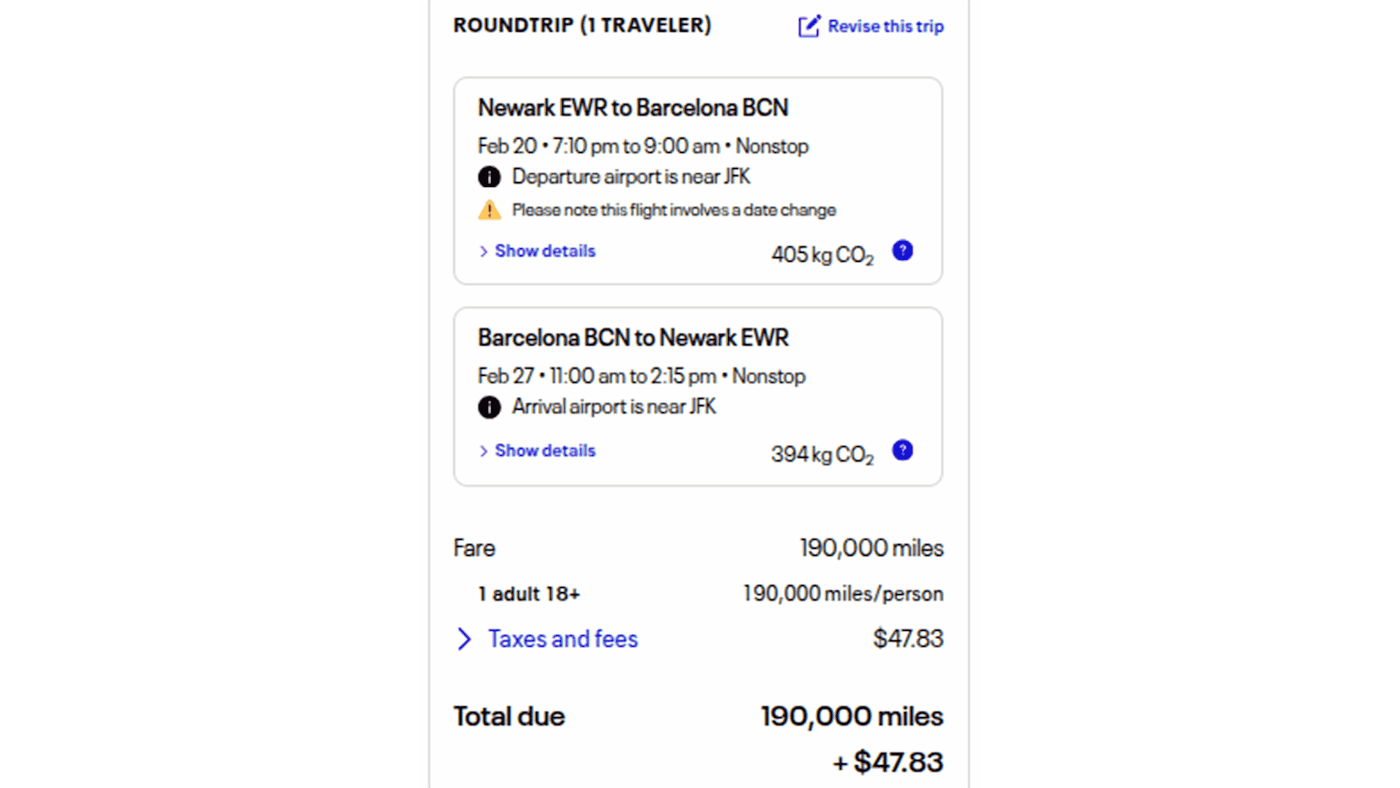 United Airlines round-trip premium economy award itinerary between Newark (EWR) and Barcelona (BCN) priced at 190,000 miles plus about $48 in taxes and fees.
