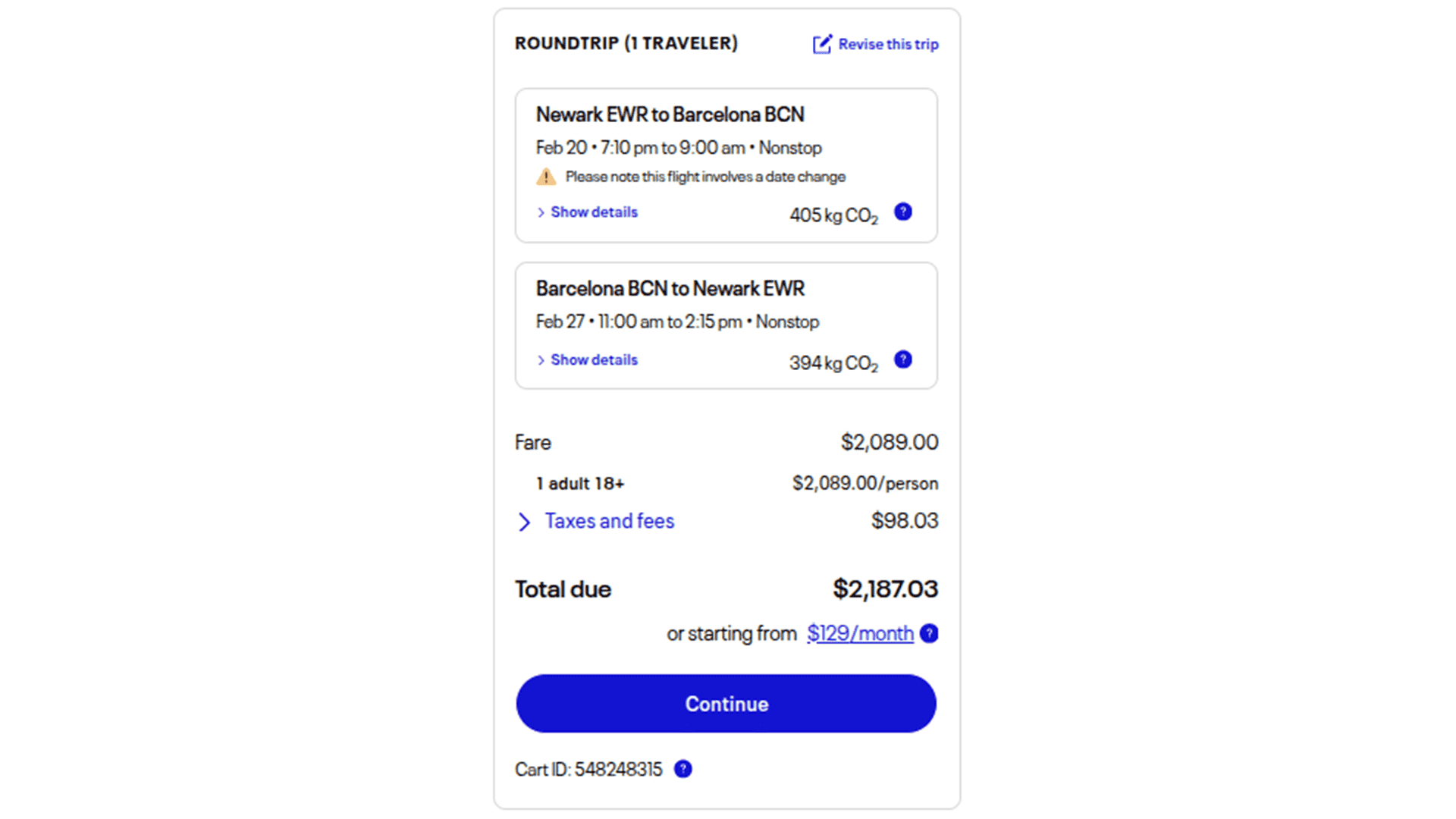 United Airlines round-trip flight price summary showing nonstop Newark (EWR) to Barcelona (BCN) itinerary with total cash cost of about $2,187 including taxes and fees.