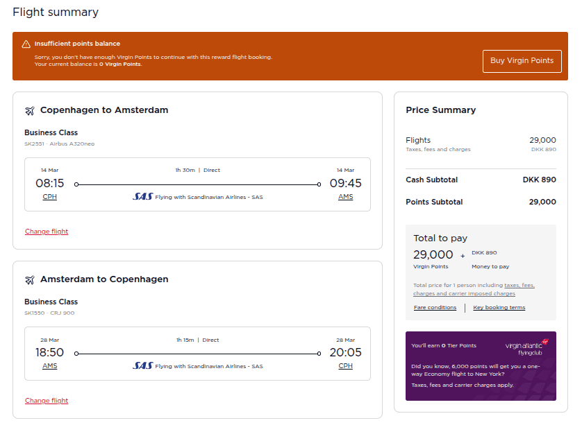 Virgin Atlantic Flying Club booking showing a round-trip SAS business-class award between Copenhagen and Amsterdam for 29,000 Virgin Points plus DKK 890 in taxes and fees