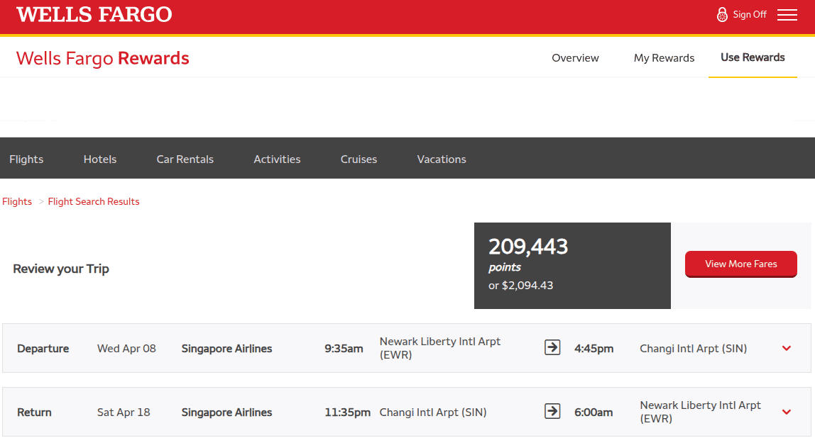 Wells Fargo Rewards portal showing Singapore Airlines flight booking from Newark to Singapore using points