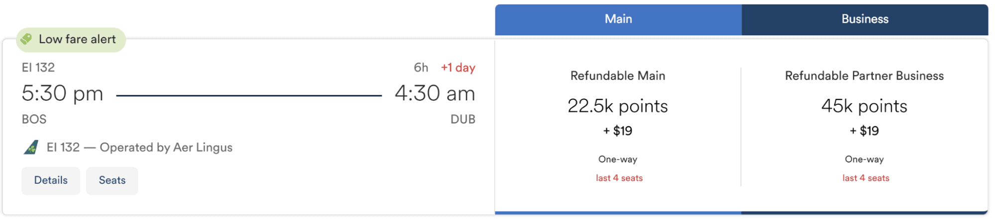 Aer Lingus business class from Boston to Dublin using Atmos Rewards points.