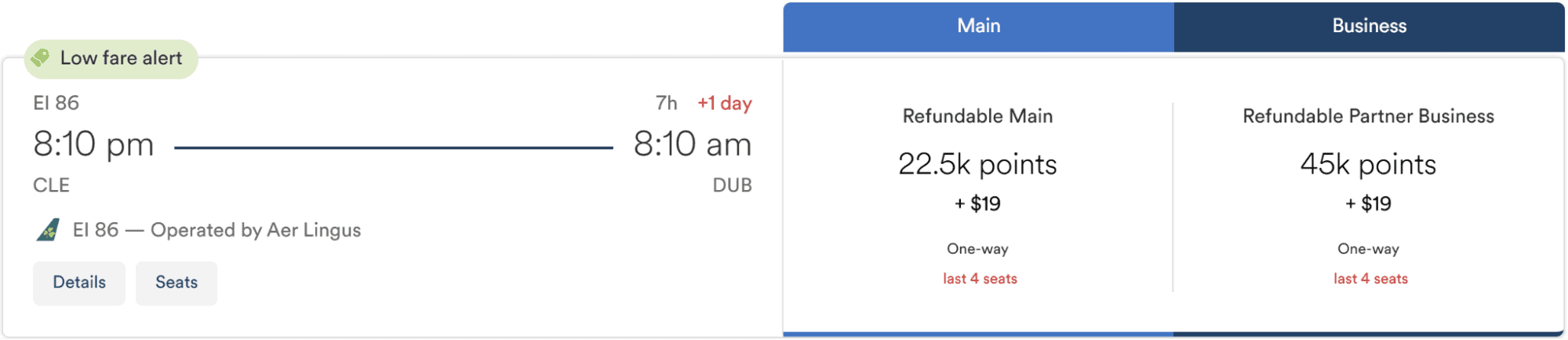 Aer Lingus business class from Cleveland to Diblin using Atmos Rewards.