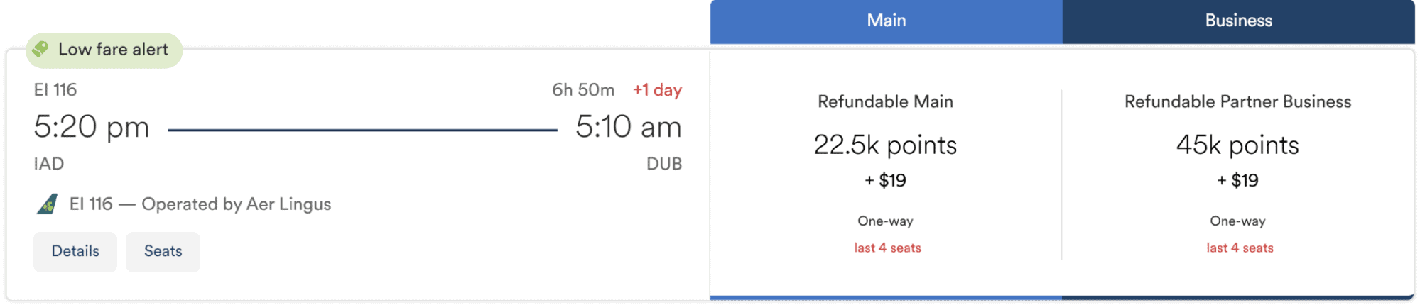 Aer Lingus flight in business class from Washington-Dulles (IAD) to Dublin using Atmos Rewards.