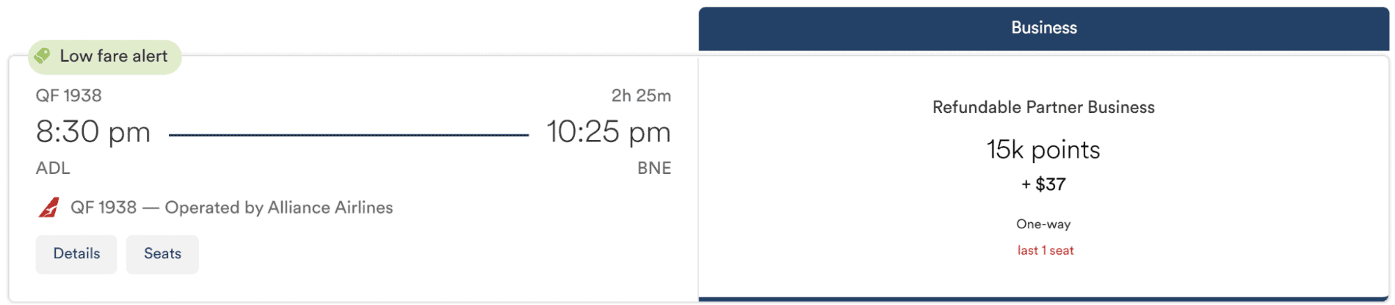 Alliance Airlines business class flight from Adelaide (ADL) to Brisbane (BNE) using Atmos Rewards.