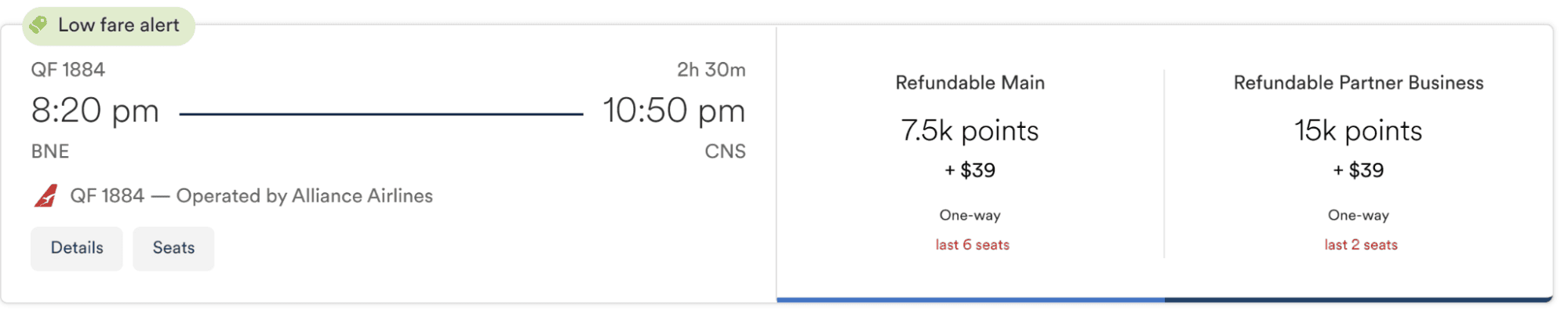 Alliance Airlines business class flight from Brisbane to Cairns (CNS) using Atmos Rewards.