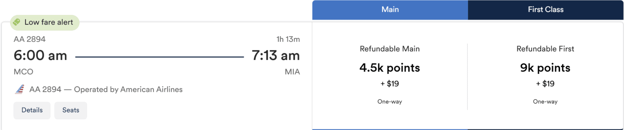 American Airlines flight from Orlando (MCO) to Miami (MIA) using Atmos Rewards.