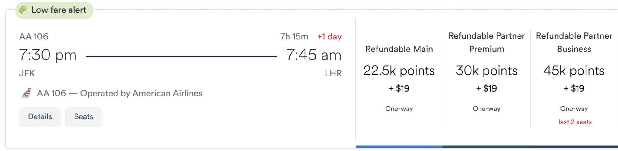 American Airlines business class flight from New York (JFK) to London (LHR) using Atmos Rewards points.