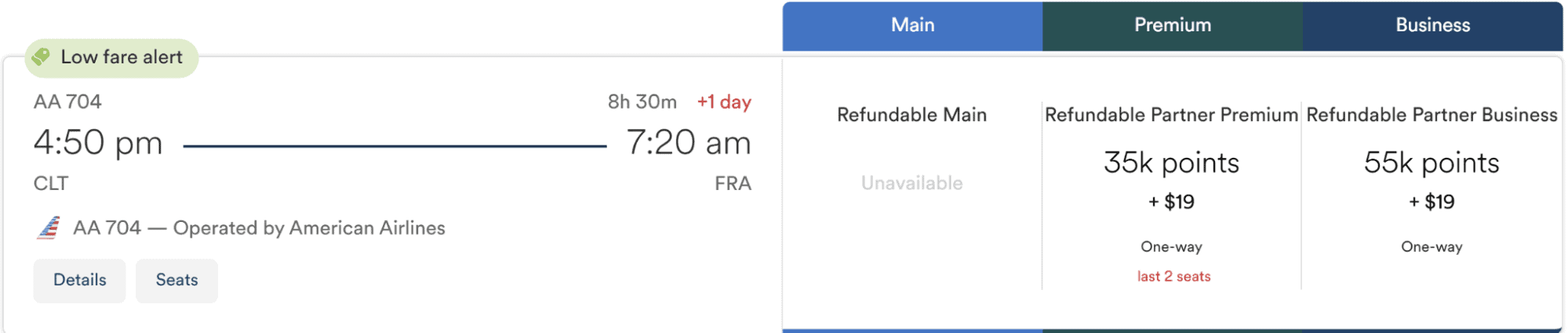 American Airlines business class flight from Charlotte (CLT) to Frankfurt (FRA) using Atmos Rewards.