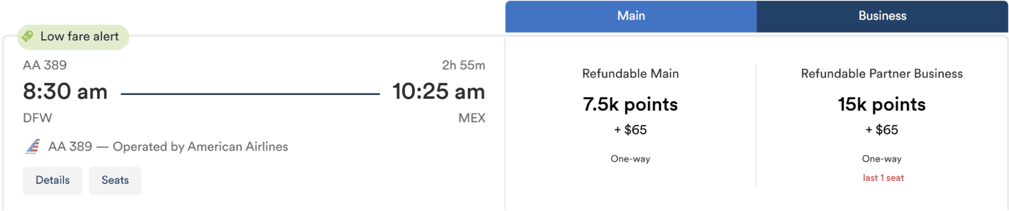 American Airlines business class flight from Dallas Fort Worth (DFW) to Mexico Cit (MEX) using Atmos Rewards.