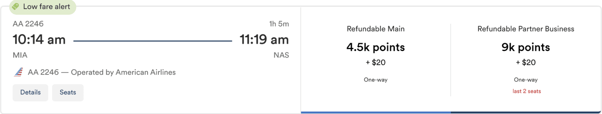 American Airlines business class flight from Miami to Nassau using Atmos Rewards.