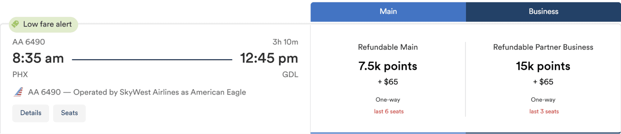 American Airlines business class flight from Phoenix Arizona to Mexico City using Atmos Rewards.